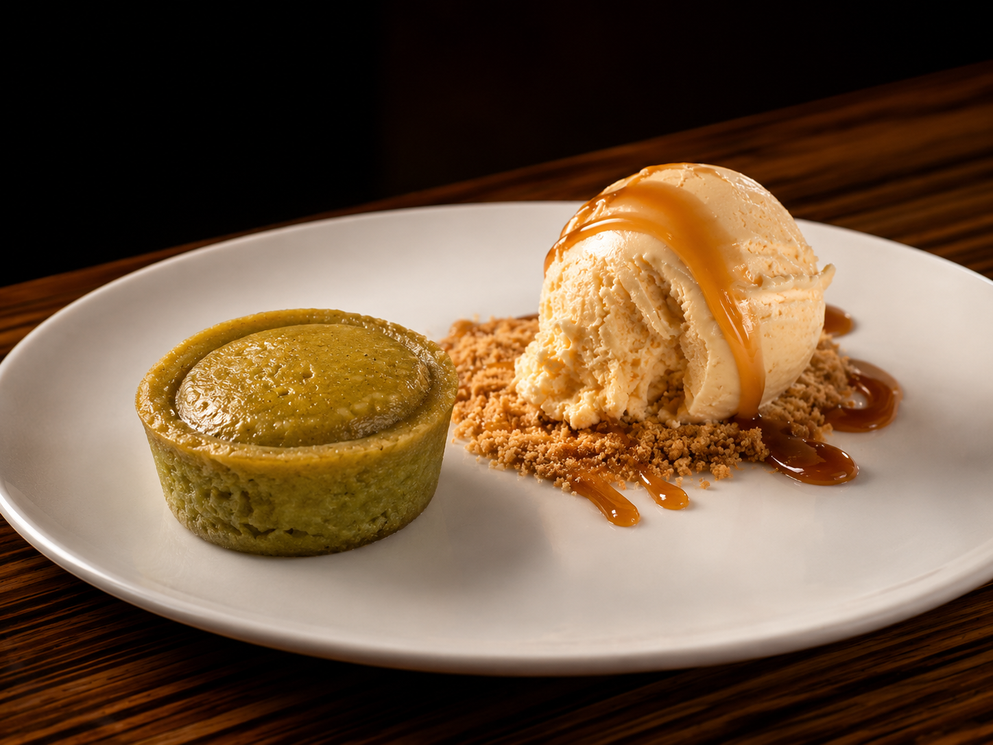 Coulant de pistacho con helado de caramelo