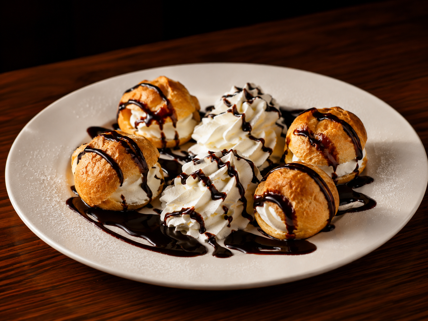 Profiteroles rellenos de nata con sirope de chocolate